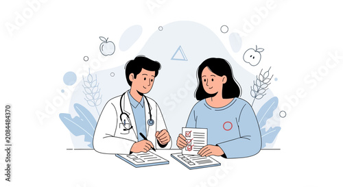 Doctor and Patient Discussing Health Checklist in Modern Flat Illustration Style