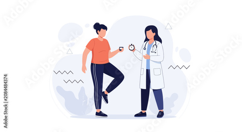 Doctor and Patient Discussing Health and Time Management with Stopwatch Icon, Modern Flat Illustration