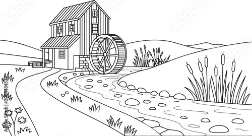 Watermill by a river coloring page, old rustic wooden mill house with a waterwheel and scenic countryside line art for kids and adults and book