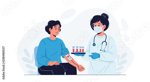 Doctor and patient in medical illustration for blood draw, lab test, blood donation, and healthcare concepts