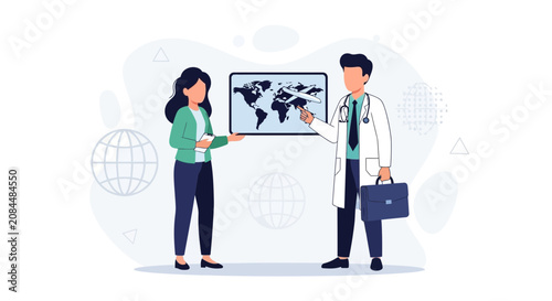 Doctor and Patient Discussing Travel Medicine and Vaccinations on World Map with Airplane