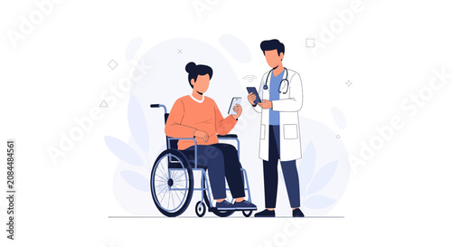 Doctor and Patient in Wheelchair Using Mobile Devices for Healthcare Consultation and Telemedicine