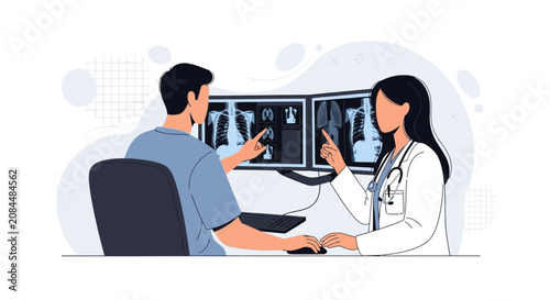 Doctor and patient examine X-ray scans on computer screens, symbolizing healthcare, diagnosis, and medical consultation.