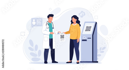 Doctor and patient interact with digital health kiosk, using QR codes for medical records and appointments
