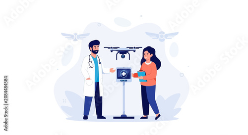 Doctor and patient interact with medical drone technology for healthcare delivery and diagnostics
