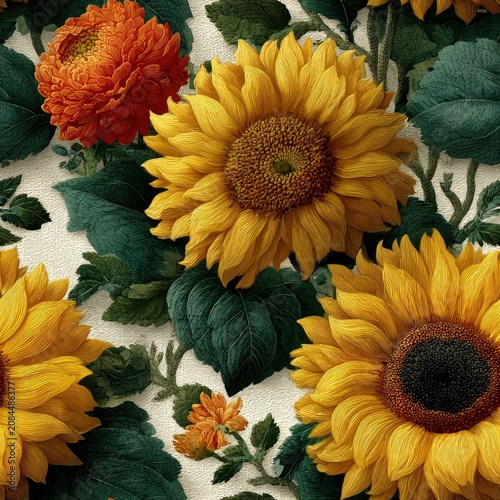 Sunflower and chrysanthemum seamless pattern with textured leaves on white background