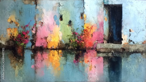Impasto abstract texture with vibrant pink yellow blue tones and floral reflections in water