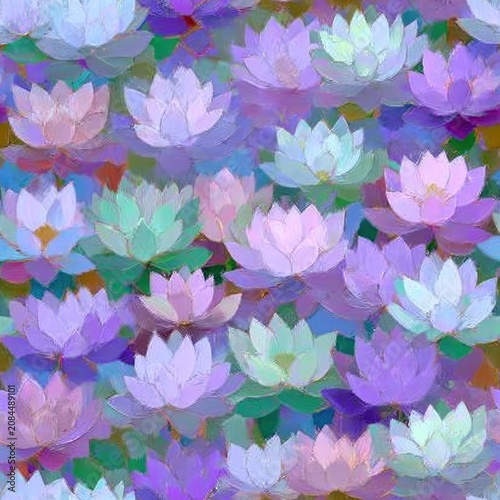 Lotus flower seamless pattern with soft pastel hues and painterly texture