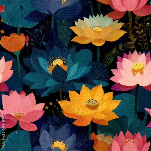 Vector lotus seamless pattern with sacred smooth shapes and precise tiled repeat