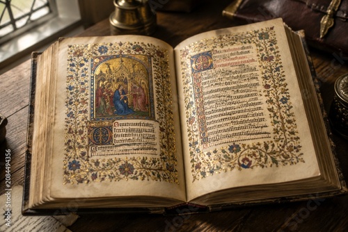 An open medieval codex on a wooden desk, illuminated manuscript with floral borders and gold leaf.