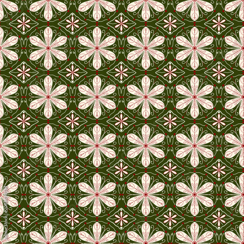 Minimalist emerald green wallpaper containing geometric rows of decorative off-white pointillism petals and intricate symmetry diamond lace borders.