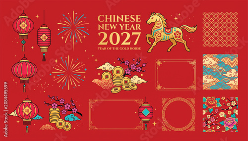 Fotografie 2027 chinese new year golden horse year festive vector illustration set with cel