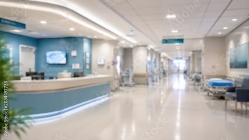 Blurred hospital hallway medical clinic reception area healthcare facility modern clean interior medicine health nursing home architectural space