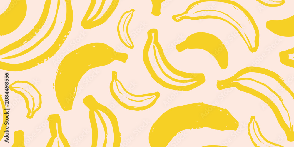 Obraz premium Seamless pattern with hand drawn bananas in sketchy brush style. Vibrant yellow and cream colors for tropical textiles, wrapping paper or packaging design, vector illustration