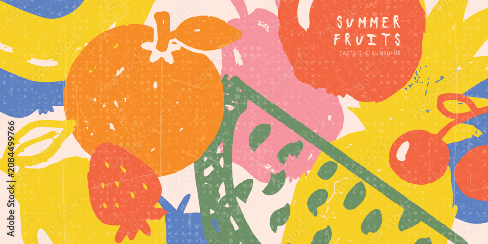 Fototapeta premium Bright horizontal banner with summer fruits in flat artistic style. Design features hand drawn orange, strawberry and exotic fruits with grainy texture. 
