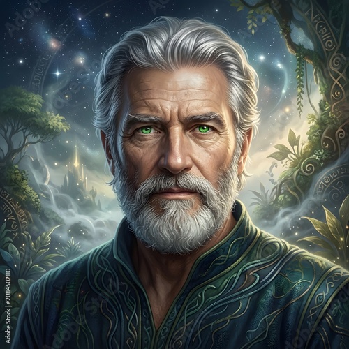 Mature man with gray beard in forest setting.