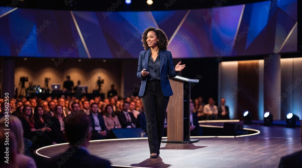 Naklejka premium Confident Woman Speaker Engages Audience During Business Conference Presentation on Stage