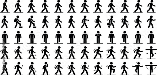 Walking Man Stick Figure Silhouette Icon Set with Various Poses, Gaits, and Stepping Actions for Pedestrian Navigation Signs and Informational Graphic Designs