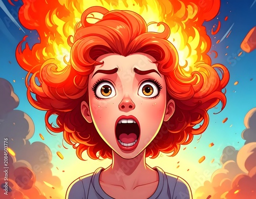 Surprised woman with vibrant orange hair and abstract background.