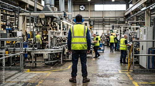 Rear view of an industrial worker wearing blue earmuffs and a neon yellow safety vest standing on a bustling production floor with gear.