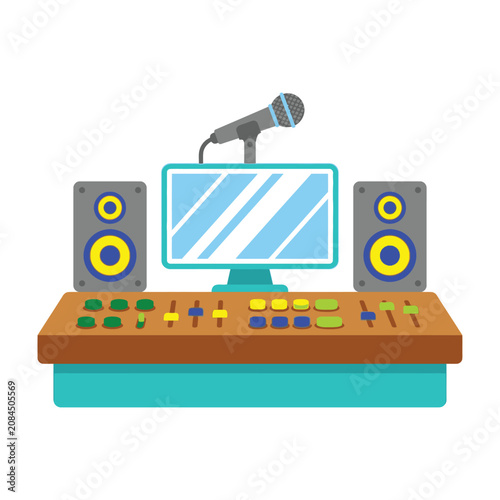 Cuadro en lienzo Recording studio equipment with microphone and speakers on desk