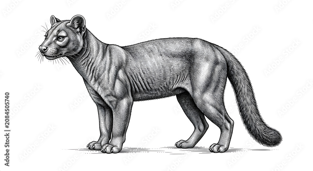 Fototapeta premium Detailed vintage engraving illustration of a fossa standing