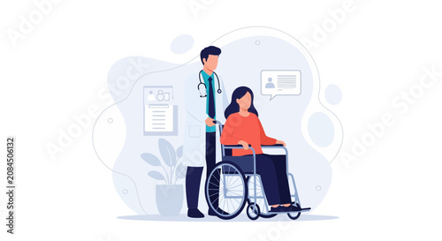 Doctor Pushing Wheelchair with Patient, Healthcare Concept, Medical Care Illustration