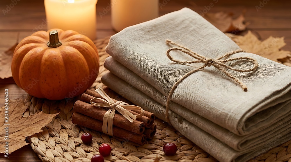 Fototapeta premium Cozy Autumn Table Setting with Linen Napkins, Pumpkin, Cinnamon Sticks, and Candles on a Woven Placemat