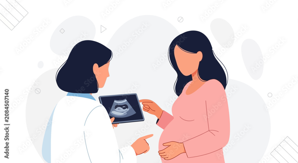 Fototapeta premium Doctor showing ultrasound scan to pregnant woman, modern flat illustration, healthcare and maternity concept