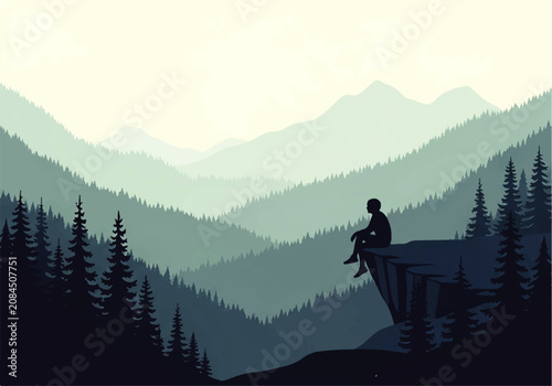 Photos Vector flat design illustration of a solitary figure contemplating a vast misty