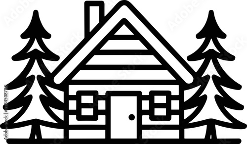 Quadro su tela Rustic log cabin with pine trees, simple line art illustration