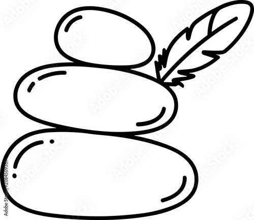 Canvas Print Zen balance stack of smooth stones with feather, simple outline drawing