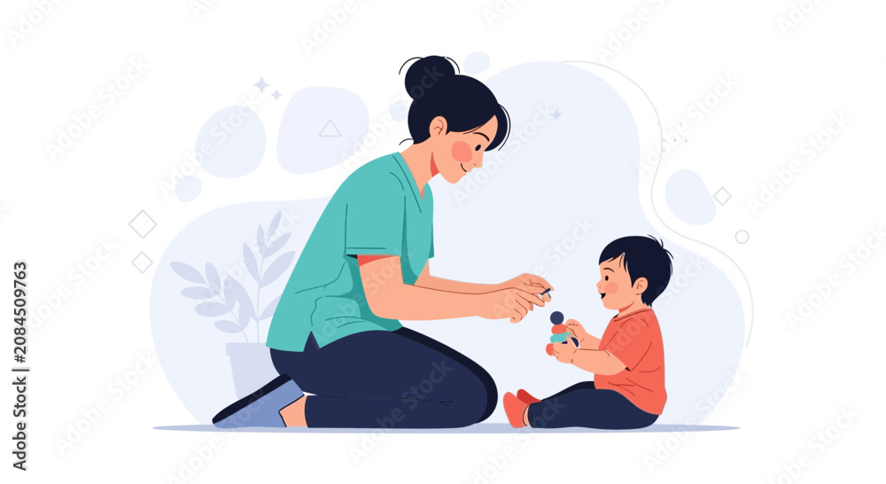 Obraz premium Mother and Child Playing Together with Toys, Vector Illustration of Family Bonding and Childhood Development