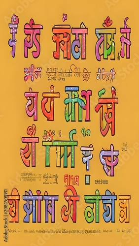 Colorful traditional Indian alphabet block letters.