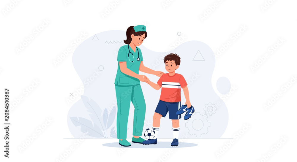 Fototapeta premium Nurse Helping Young Boy Prepare for Soccer Game