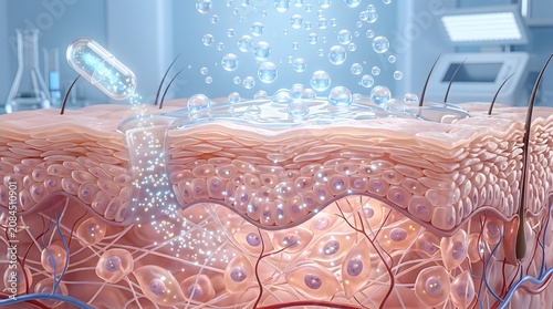 Medical illustration of a skin treatment serum being applied on human skin surface to nourish and repair deep dermis layers with glowing effect