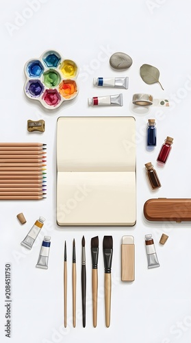 Creative office supplies and colorful office items on white background.