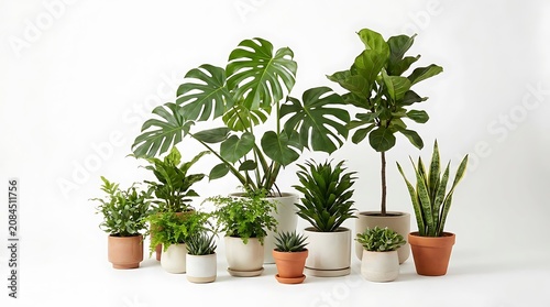 Variety of Potted Houseplants on White.