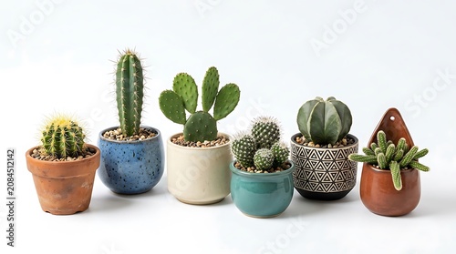 Variety of small potted cacti plants.