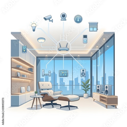 Modern home office with smart home technology and furniture.