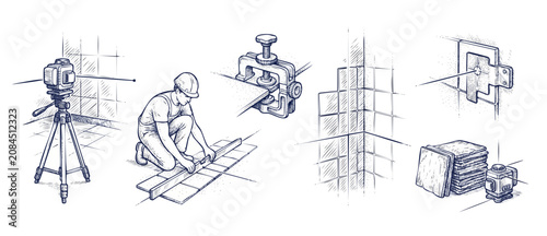 Schilderij op canvas Ceramic tile installation construction worker using laser level tool and spirit level for bathroom renovation project illustration set showing tiling process steps sketch in hand drawn engraving art