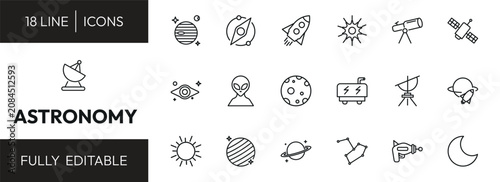 astronomy outline icon set. venus with satellite, supernova, telescope pointing up, radar pointing up and more. linear vector collection. editable stroke