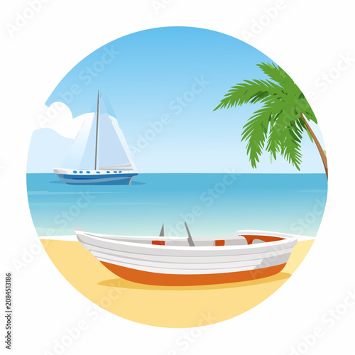 Yacht and rowboat on sunny tropical beach shore