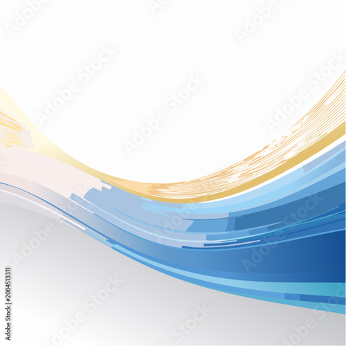 Blue and gold abstract swirl on grey gradient background.
