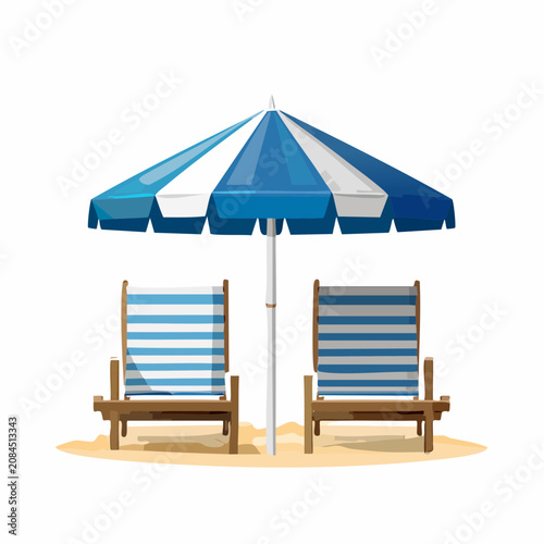 Blue striped beach umbrella with matching lounge chairs.