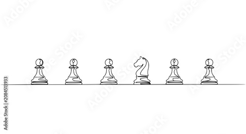 Obraz na płótnie Chess Pawns and Knight Line Drawing, Strategy and Game Concept, Minimalist White