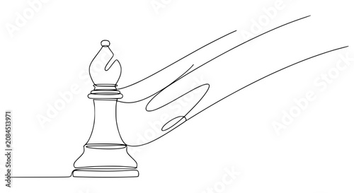 Tableau sur toile Continuous line drawing of a hand moving a white bishop chess piece, strategic t