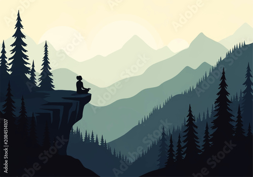Vector flat design illustration of a person meditating peacefully on a cliff edge overlooking misty mountain ranges