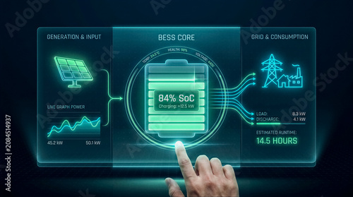 BESS Core Battery Management Interface Showing 84% SoC Charging, Solar Input and Grid Consumption