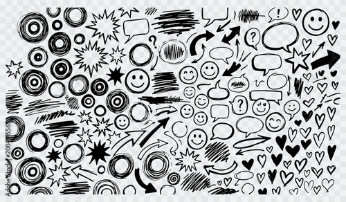 Collection of hand-drawn scribbles smiles speech bubbles and hearts for comic style design with handdrawn scribble expression illustration collection creative abstract communication